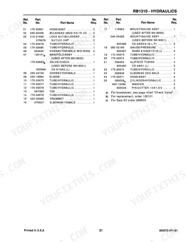 gehl-1310-fixed-chamber-round-baler-parts-catalog-906075-hydraulic-parts-33.webp Gehl 1310, RB1310 parts list table for hydraulic system components, including hoses, tubes, manifolds, and gauge assemblies.