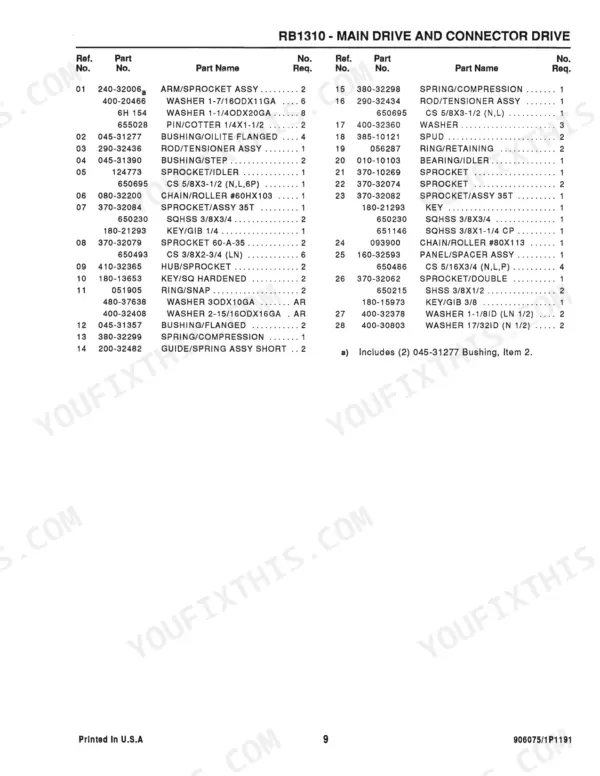 Gehl 1310, RB1310 parts list for main drive and connector drive systems, including sprockets, chains, and tensioner assemblies.