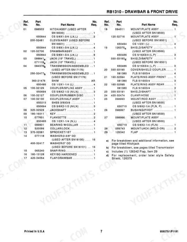Gehl 1310, RB1310 parts list for drawbar and front drive assembly including hitch, transmission, and shield components.