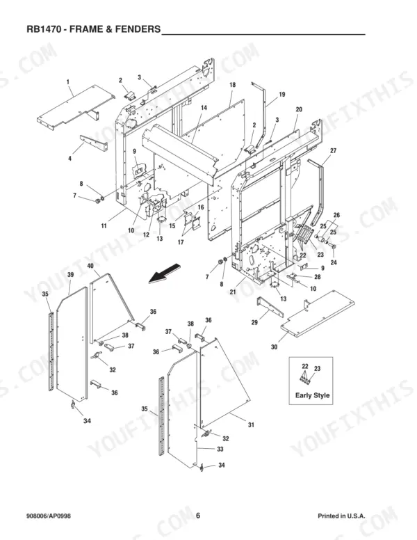 Gehl 1470, RB1470 exploded view diagram of the main frame and fender assembly including side panels and mounting hardware.