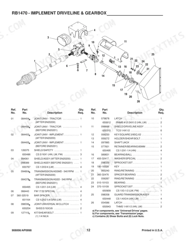 Gehl 1470, RB1470 exploded view of implement driveline and gearbox with parts list for shafts, bearings, and shields.