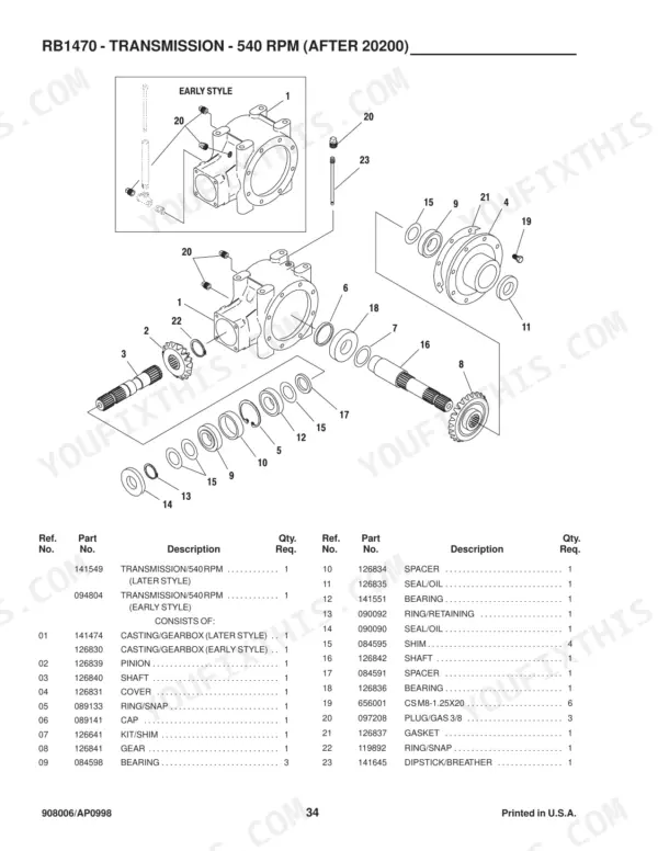 Gehl 1470, RB1470 exploded view of 540 RPM transmission gearbox components with parts list and reference numbers.