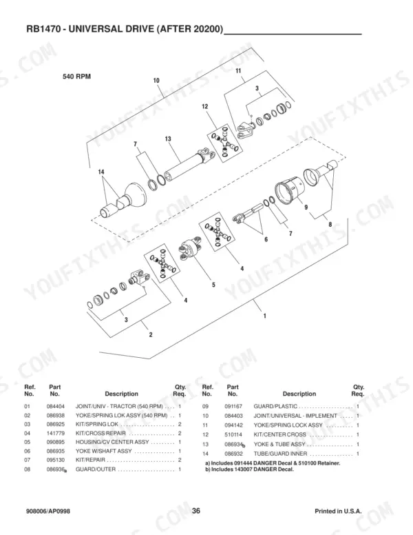 Gehl 1470, RB1470 exploded view of universal drive assembly with parts list for 540 RPM tractor drive components.