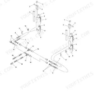Gehl 1470, RB1470 exploded view diagram of gate hydraulic cylinders, hoses, fittings, and mounting hardware.