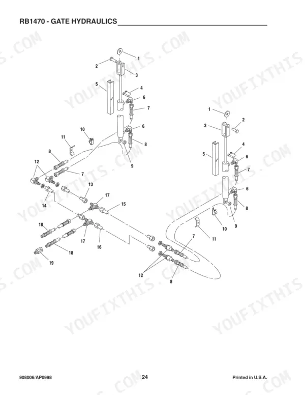 gehl-1470-variable-chamber-round-baler-parts-catalog-908006-hydraulic-parts-26.webp Gehl 1470, RB1470 exploded view diagram of gate hydraulic cylinders, hoses, fittings, and mounting hardware.