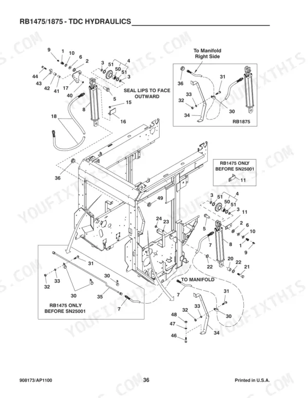 Gehl 1475, 1875, RB1475, RB1875, QW1400, QW1800 exploded view diagram of TDC hydraulics, cylinders, and mounting hardware.