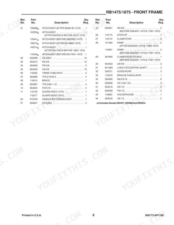 Gehl 1475, 1875, RB1475, RB1875, QW1400, QW1800 parts list for front frame assembly including hitch, ramp, and guard components.