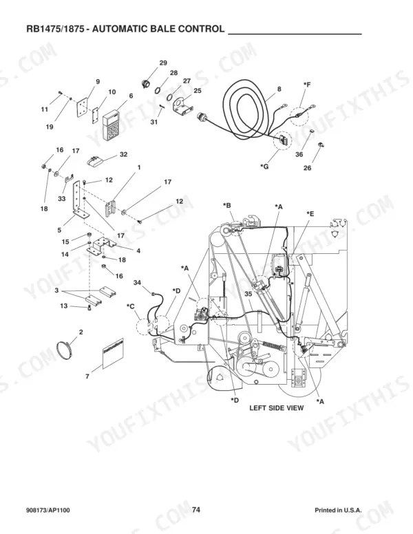 Gehl 1475, 1875, RB1475, RB1875, QW1400, QW1800 exploded view of automatic bale control wiring and mounting components.