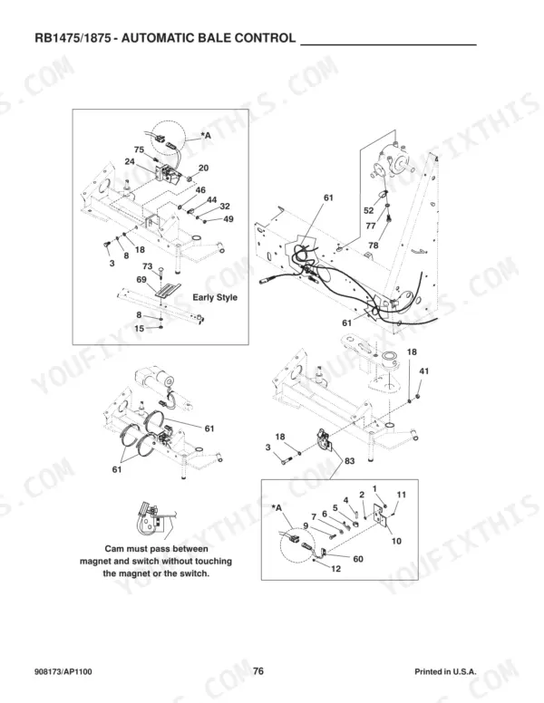 Gehl 1475, 1875, RB1475, RB1875, QW1400, QW1800 exploded view of automatic bale control system components and wiring.