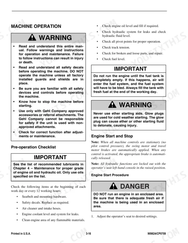 Gehl 153, 193, 223 machine operation manual page with pre-operation safety checklist and engine start procedures.