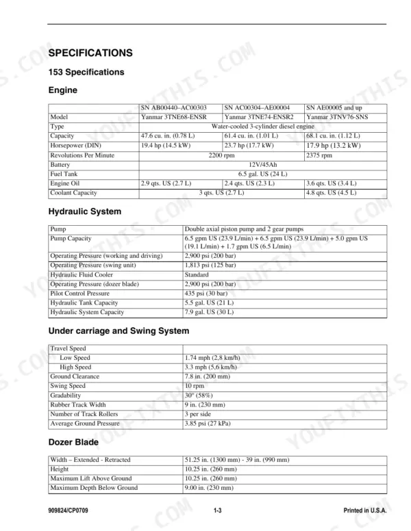 Gehl 153 specifications table for engine, hydraulic system, undercarriage, swing system, and dozer blade dimensions.