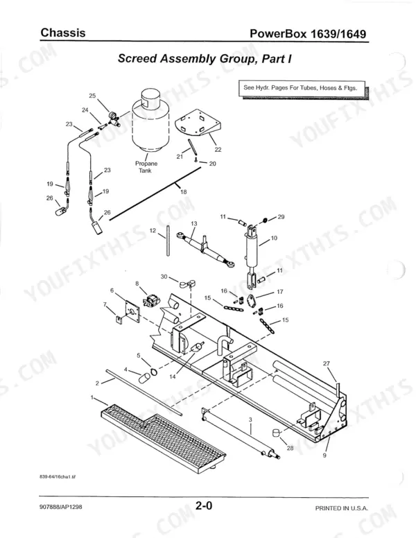 Gehl 1639, 1649 exploded view diagram of the chassis screed assembly group, including propane tank and hydraulic components.