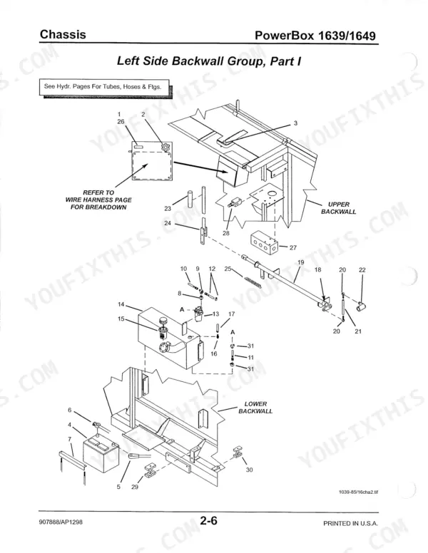 Gehl 1639, 1649 exploded view of the Left Side Backwall Group showing chassis components, battery, and hydraulic reservoir.