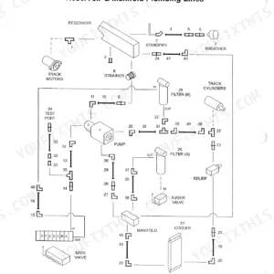 Gehl 1639, 1649 hydraulic reservoir and manifold plumbing lines diagram showing pump, filters, cooler, and valve connections.