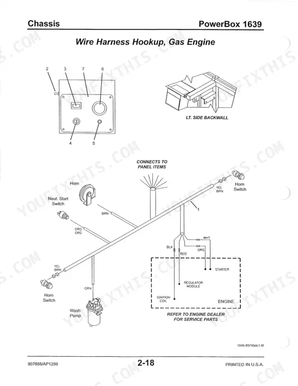 Gehl 1639, 1649 gas engine wire harness hookup diagram showing horn, switches, wash pump, and engine component connections.