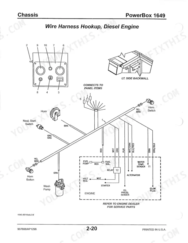 Gehl 1639, 1649 wiring diagram showing diesel engine wire harness hookup, panel connections, and engine component sensors.