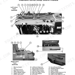 Gehl 1648 Plus indicators and controls diagram showing left and right control panels, levers, and component identification list.