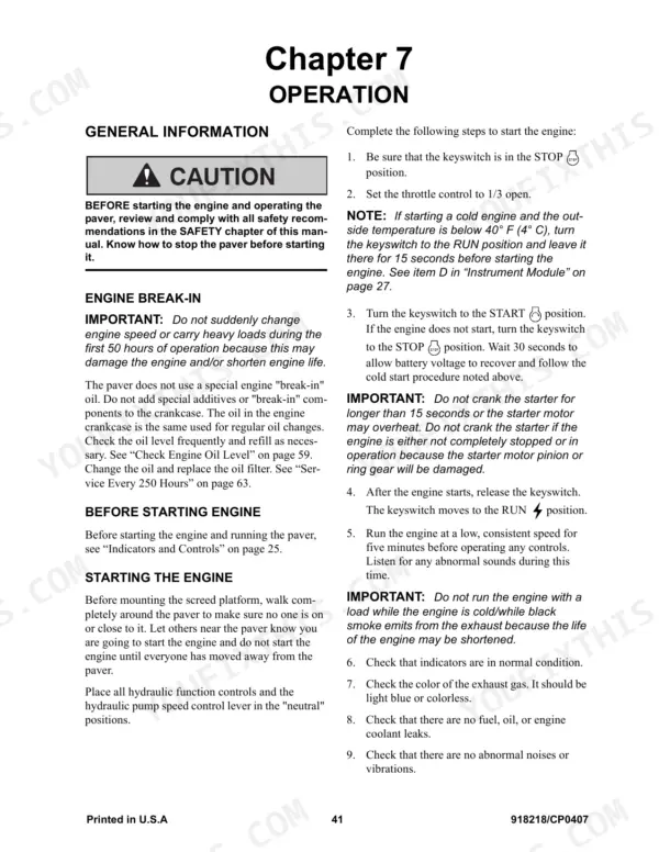 Gehl 1648 Plus operator manual page covering engine break-in procedures and step-by-step engine starting instructions.