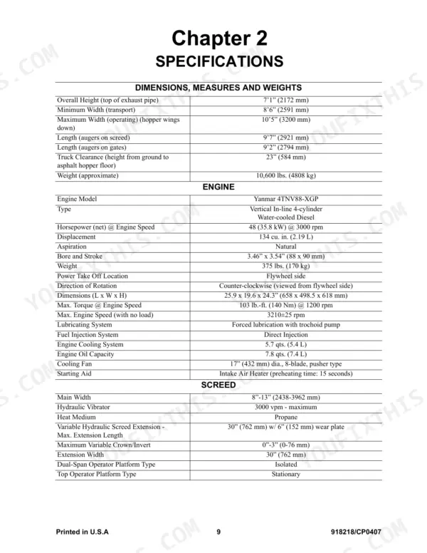 Gehl 1648 Plus specifications table covering dimensions, weights, Yanmar 4TNV88-XGP engine data, and screed system details.