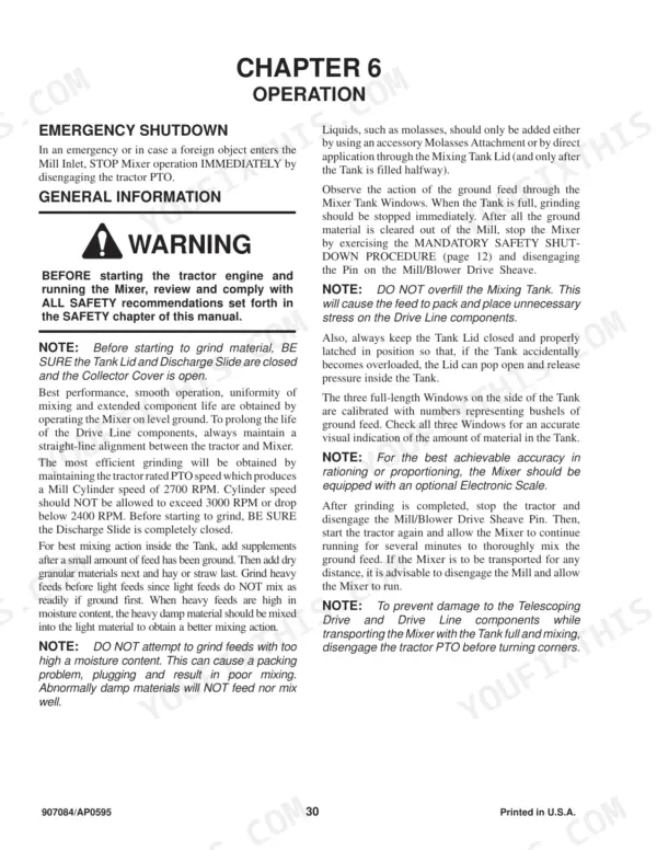 gehl-170-grinder-mixer-operator-manual-907084-operations-32.webp Gehl 170 Mixall operator manual page 30 covering emergency shutdown, general operation, and mixing procedures.