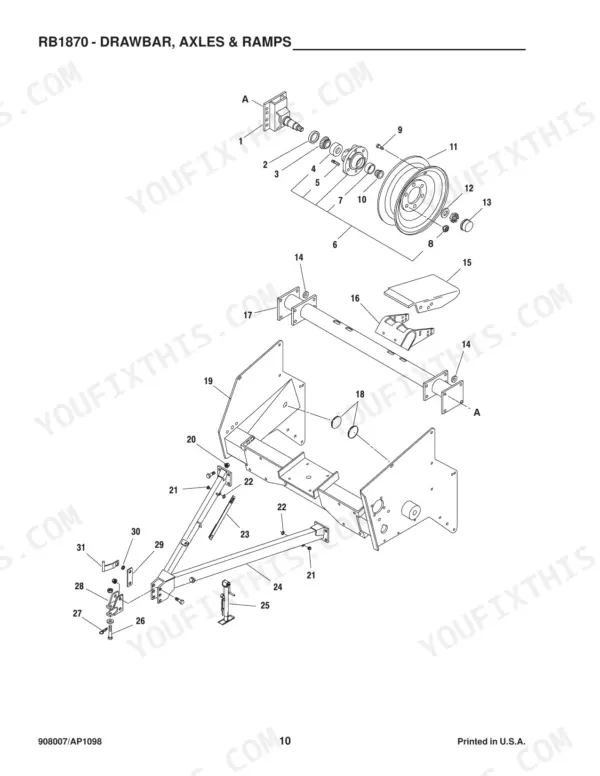 Gehl 1870, RB1870 exploded view diagram of drawbar, axle, and ramp components with numbered parts list reference.