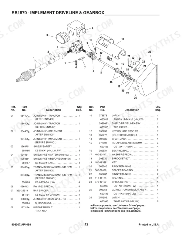 Gehl 1870, RB1870 exploded view of implement driveline and gearbox assembly with numbered parts list and descriptions.