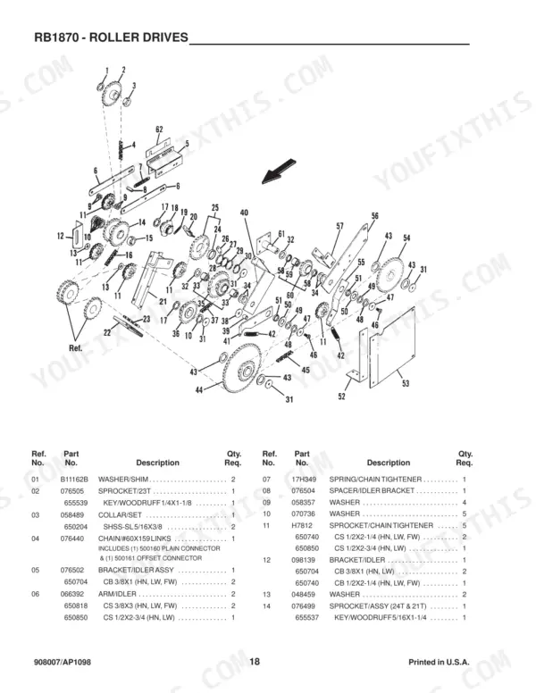 Gehl 1870, RB1870 exploded view diagram and parts list for roller drive sprockets, chains, and idler assembly components.
