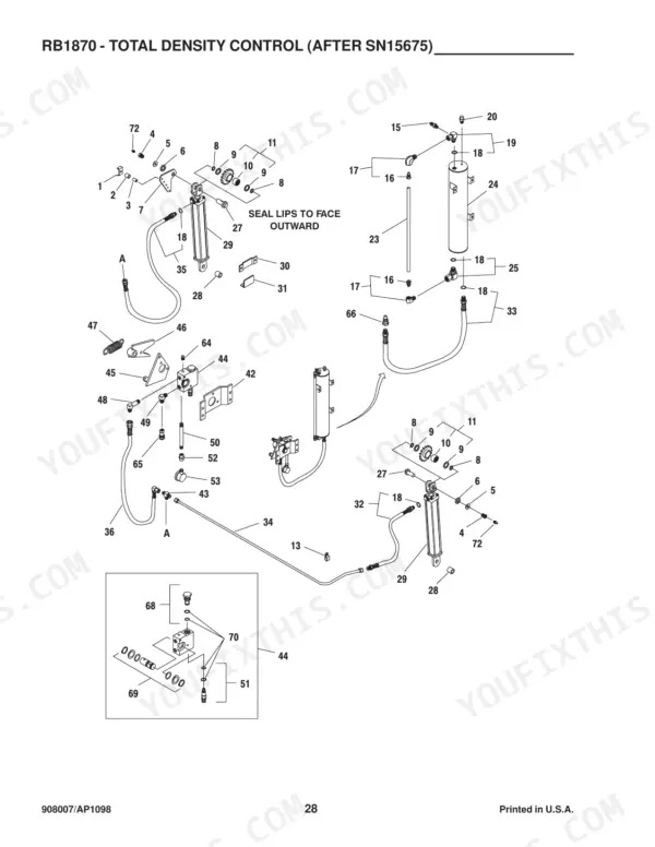 Gehl 1870, RB1870 exploded view of total density control hydraulic system components, cylinders, hoses, and valves.