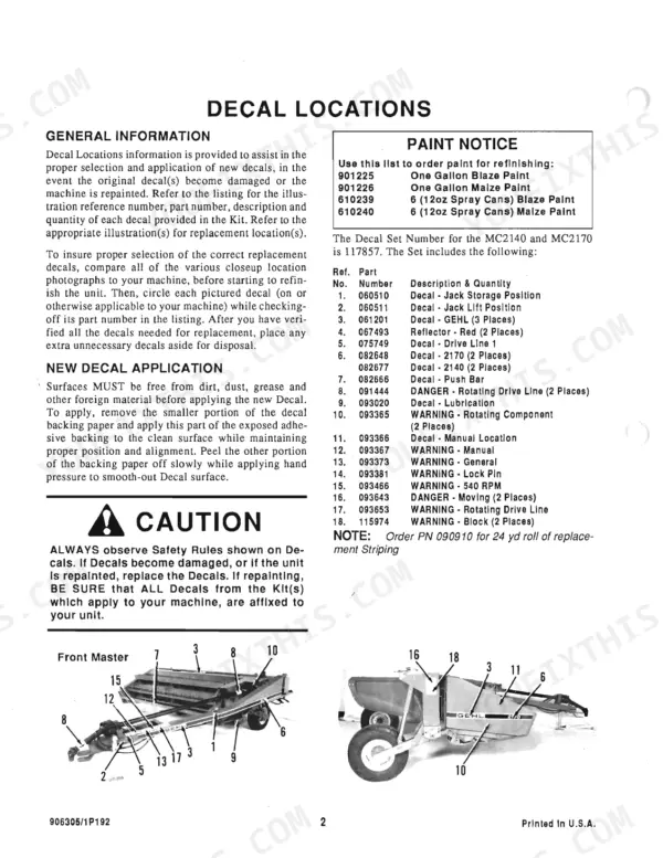 Gehl 2140, 2170, MC2140, MC2170 decal locations diagram, paint notice table, and application instructions for machine decals.