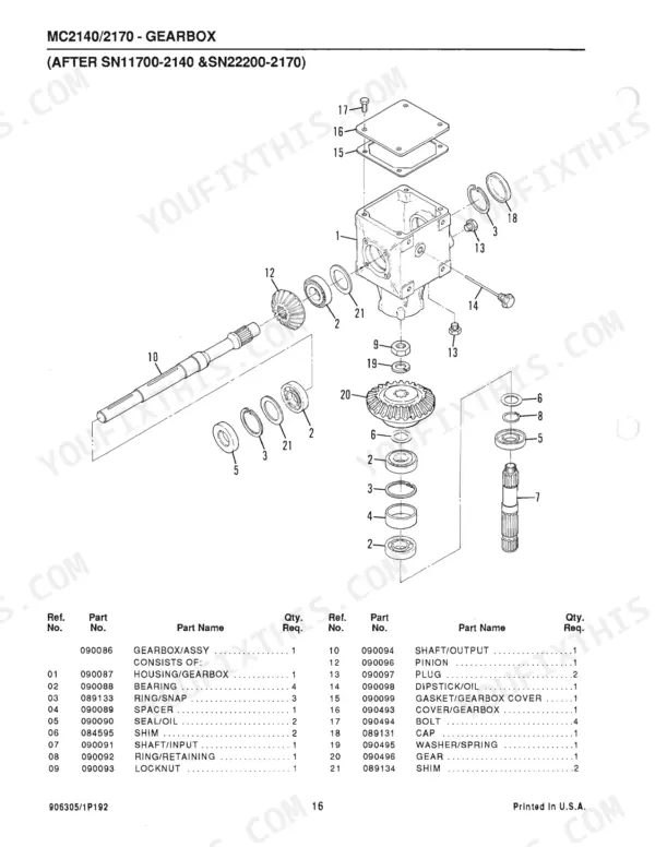 Gehl 2140, 2170, MC2140, MC2170 exploded view diagram and parts list for the gearbox assembly after serial number 11700.