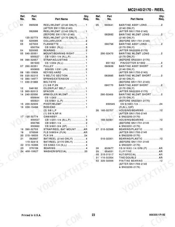 Gehl 2140, 2170, MC2140, MC2170 parts list for reel assembly, including bar, tine, bearing, and hardware reference numbers.