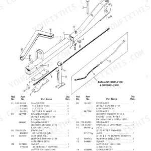 Gehl 2140, 2170, MC2140, MC2170 exploded view parts diagram of the tongue assembly, hitch plates, and jack components.