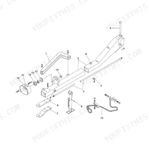 Gehl 2175, MC2175 exploded view diagram of the tongue assembly, including jack, hitch, and hardware components.