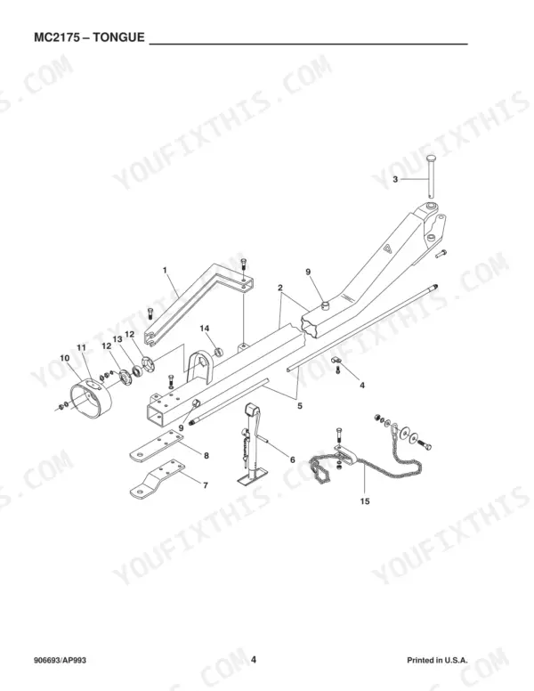 gehl-2175-mower-conditioner-parts-catalog-906693-chassis-parts-6.webp Gehl 2175, MC2175 exploded view diagram of the tongue assembly, including jack, hitch, and hardware components.