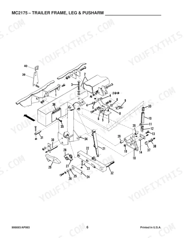Gehl 2175, MC2175 exploded view diagram of the trailer frame, support leg, and pusharm assembly with numbered parts list.