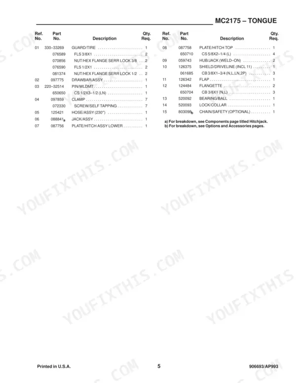 Gehl 2175, MC2175 parts list table for tongue assembly components including hitch plate, jack, and driveline shield.