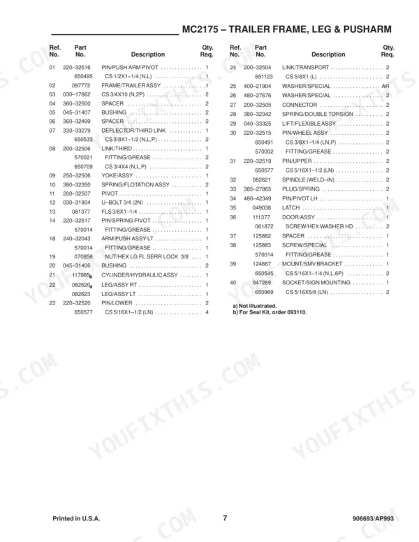 Gehl 2175, MC2175 parts list for trailer frame, leg, and pusharm components with reference numbers and descriptions.