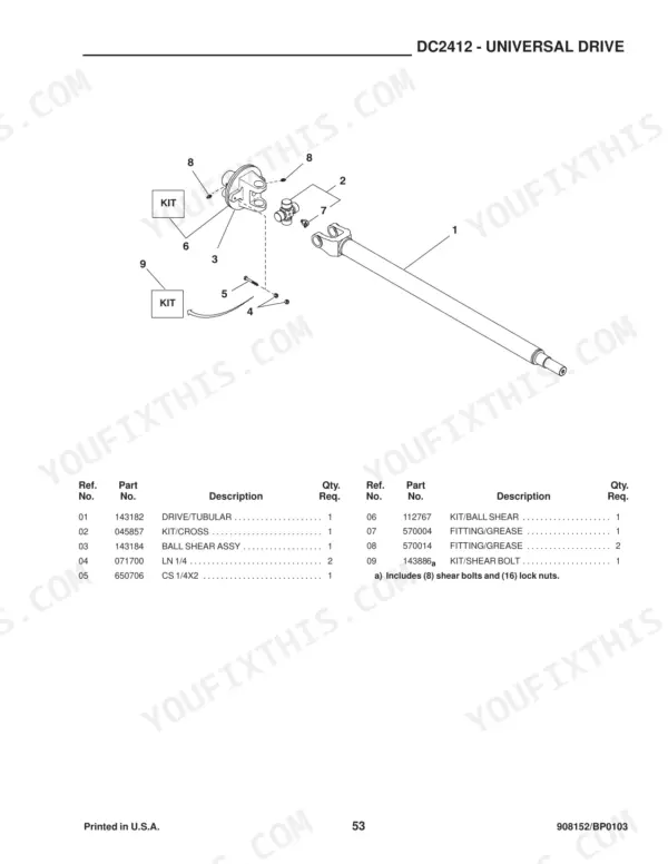 Gehl 2412, DC2412 universal drive exploded view parts diagram showing drive shaft, cross kit, ball shear assembly, and hardware.