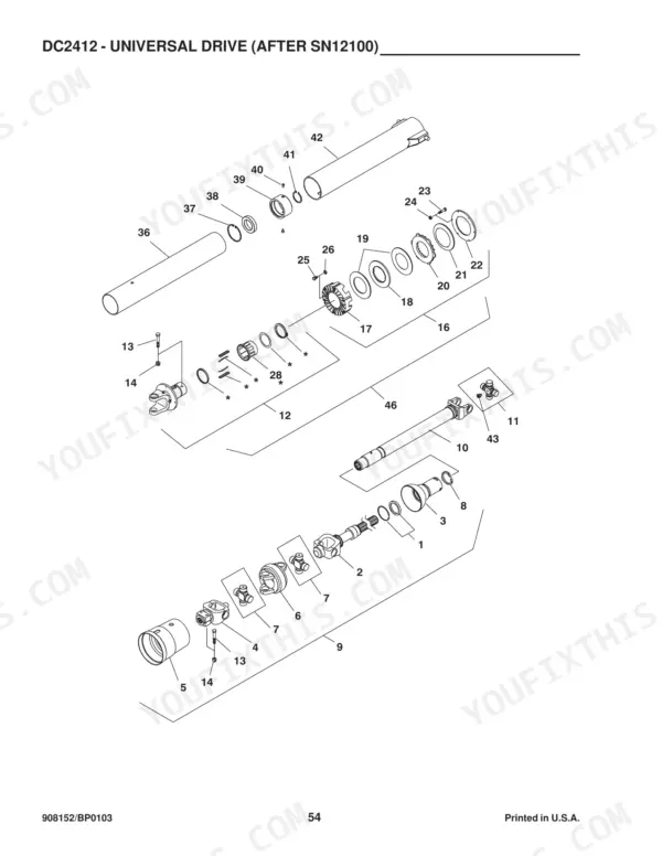Gehl 2412, DC2412 exploded view diagram of the universal drive assembly for units after serial number 12100.