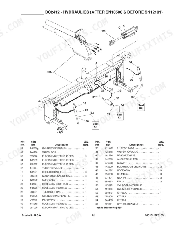 Gehl 2412, DC2412 exploded view of hydraulic cylinders, hoses, and fittings with corresponding parts list table.