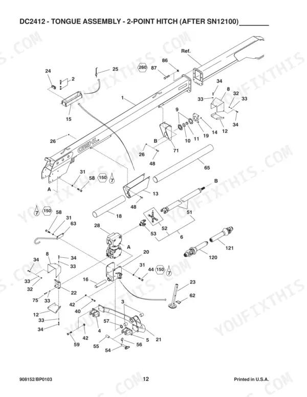 Gehl 2412, DC2412 exploded view diagram of the tongue assembly and 2-point hitch components for units after SN12100.