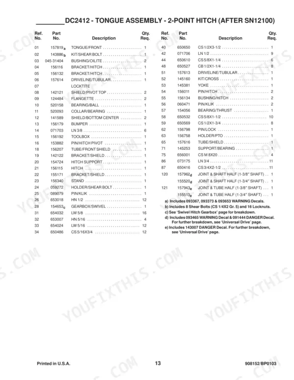 Gehl 2412, DC2412 parts list for tongue assembly and 2-point hitch components including driveline, gearbox, and hardware.