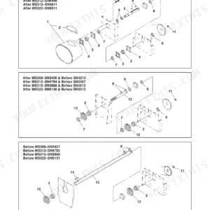 Gehl 309, 312, 315, 322 exploded view diagram of input shaft, bearings, and sprockets by serial number range.