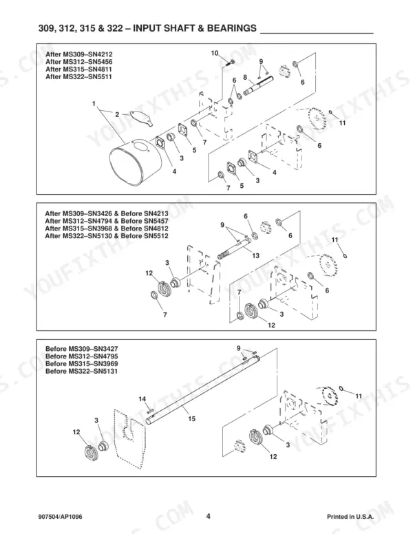 gehl-309-312-315-322-manure-spreader-parts-catalog-907504-chassis-parts-6.webp Gehl 309, 312, 315, 322 exploded view diagram of input shaft, bearings, and sprockets by serial number range.