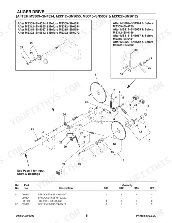 Gehl 309, 312, 315, 322 exploded view diagram of auger drive assembly, sprockets, chains, and hardware parts list.