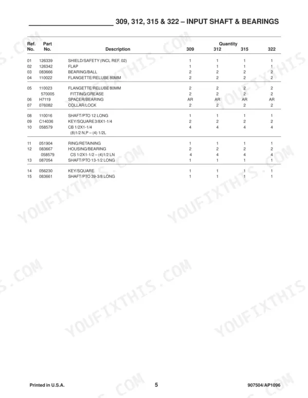 Gehl 309, 312, 315, 322 parts list for input shaft and bearings, including reference numbers, part numbers, and quantities.