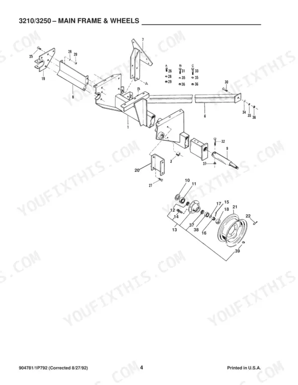Gehl 3210, 3250 exploded view diagram of main frame, wheel hub, spindle, and rim assembly parts.