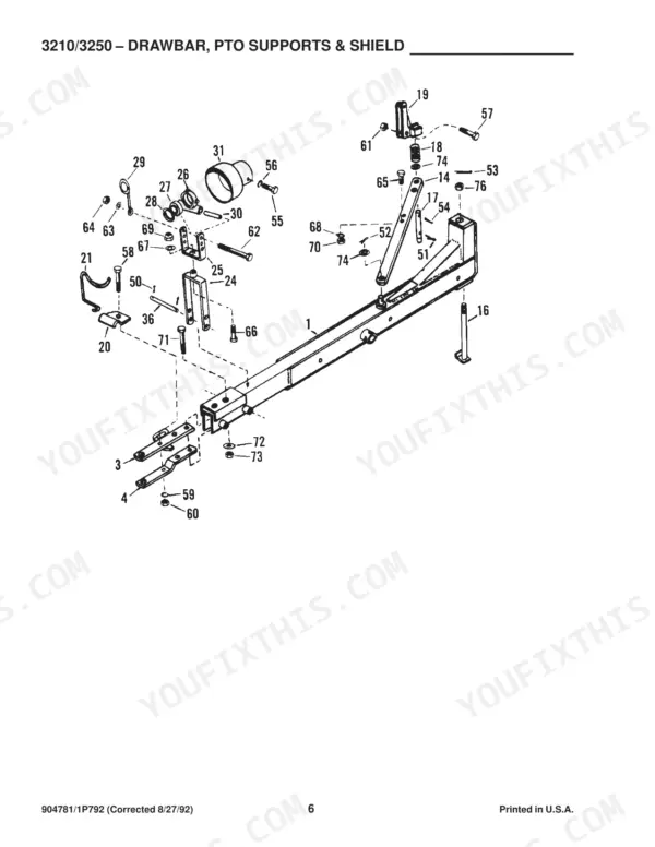 Gehl 3210, 3250 exploded view diagram of drawbar, PTO supports, and shield assembly with numbered parts list components.