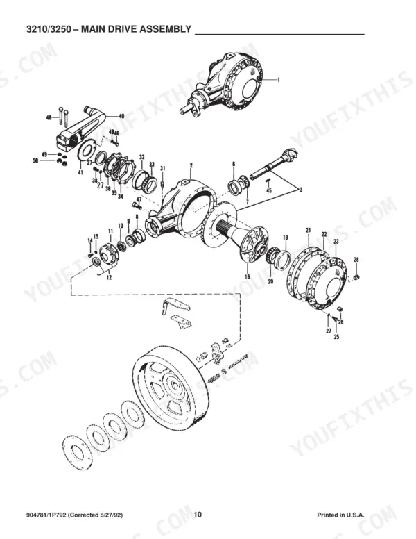 Gehl 3210, 3250 exploded view diagram of the main drive assembly showing differential, gears, bearings, and housing components.