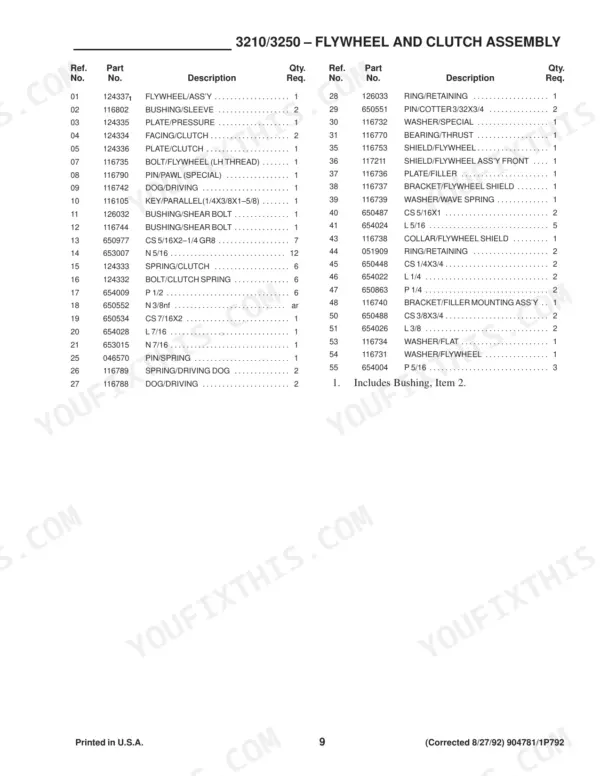 Gehl 3210, 3250 parts list for flywheel and clutch assembly showing reference numbers, part numbers, and descriptions.